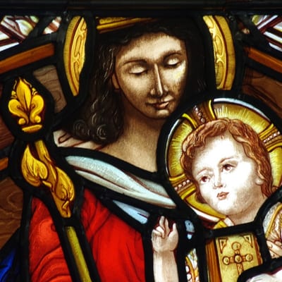 Stained glass window of the Blessed Virgin Mary and the Christ Child